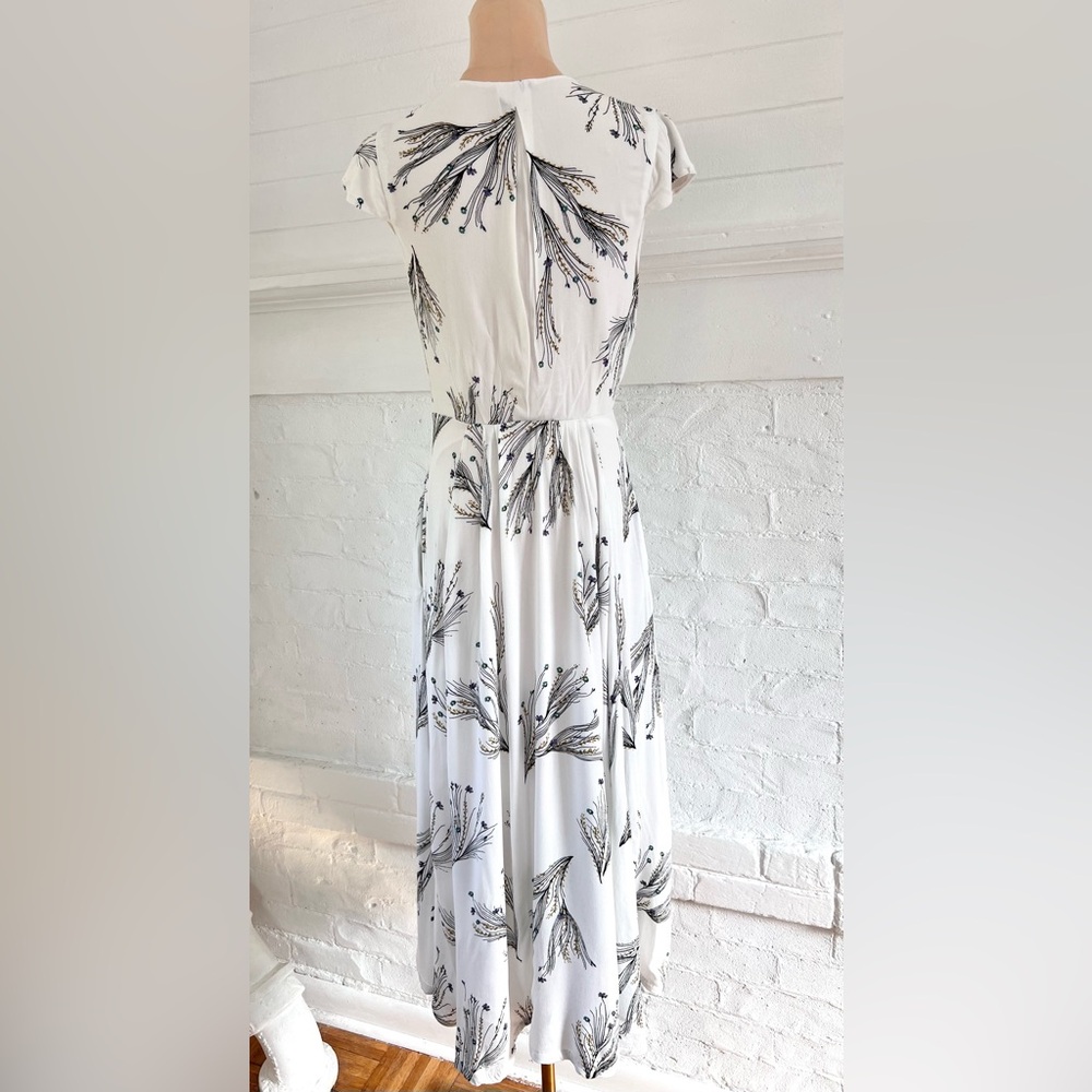 Free People Floral Retro Midi Dress Ivory Deep V Faux Wrap Cap Sleeve - Picture 4 of 14